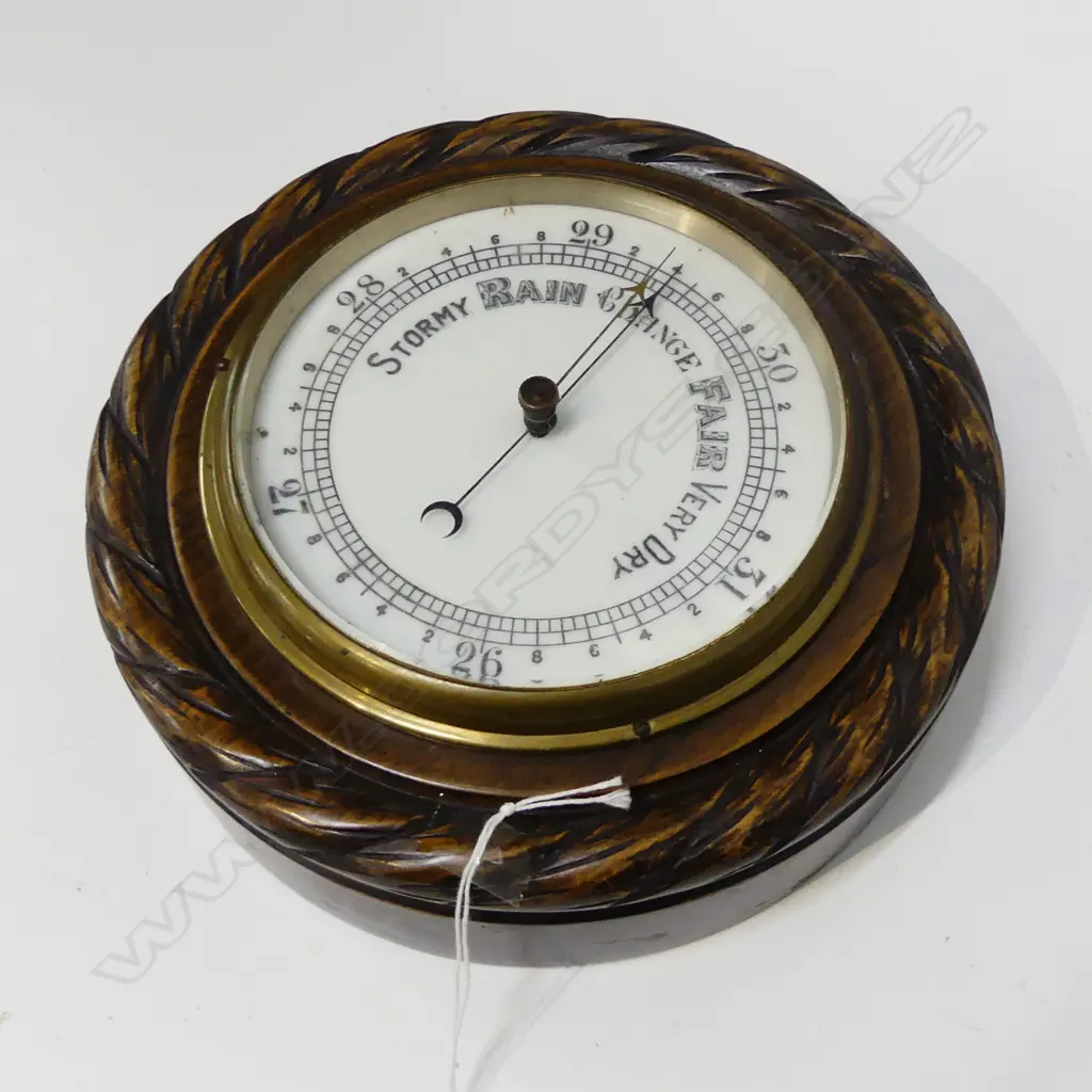 ANTIQUE ROUND WOOD CARVED ROPE EDGED BAROMETER DIA 240MM Image 1++