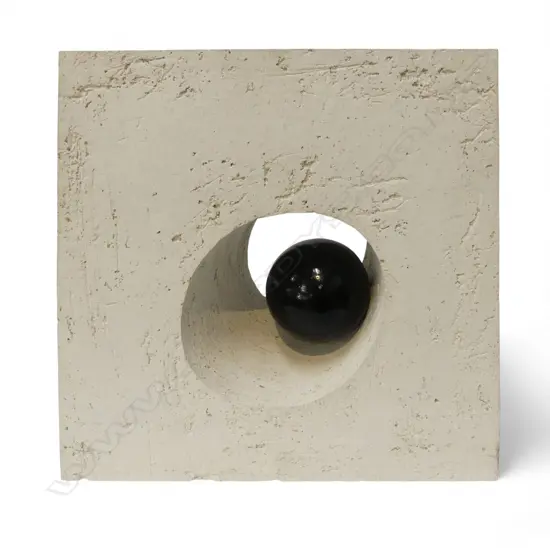 LIGHT WEIGHT CEMENT SCULPTURE angular block w tapered hole & black ball. 355 x 105 x 325mm.
