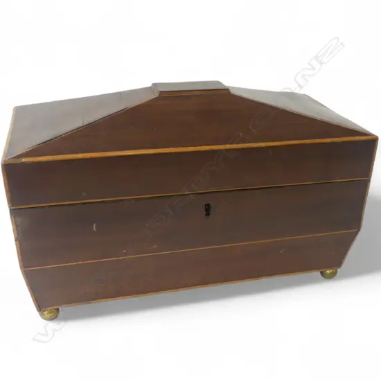 REGENCY SARCOPHAGUS SHAPED TEA CADDY, 2 LIDDED COMPARTMENTS, NO CENTRAL BOWL, L.300mm