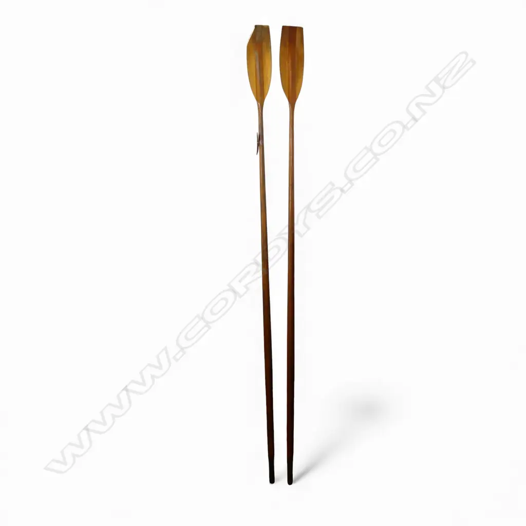 Pair of old long rowing skiff oars ( tip of 1 oar broken off but piece attached). Lacquered Oregon pine ? Image 1++