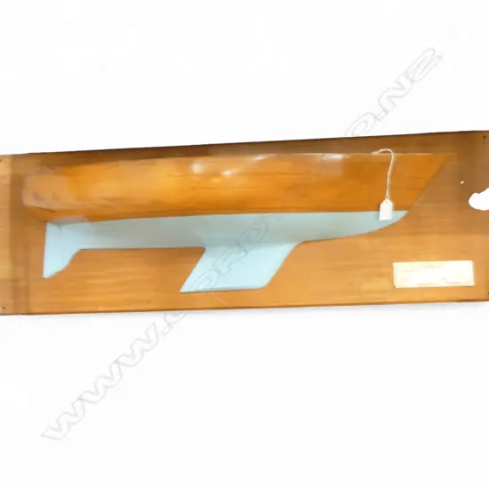 Vintage Kauri half yacht model 'Anastasia 30 Designed by G.F. Appleby L.O.A. 30'5"...' on mahogany backing board