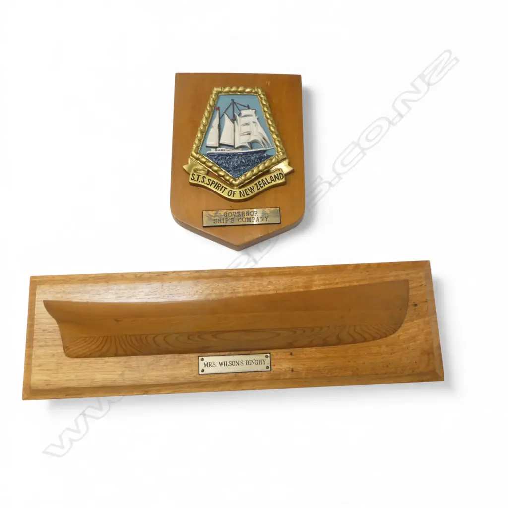 2 SHIPS PLAQUES; 'STS SPIRIT OF NEW ZEALAND' GOVERNOR SHIPS' COMPANY & 'MRS WILSON'S DINGHY' W.355mm Image 1++