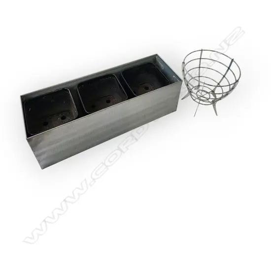 RECTANGULAR METAL PLANTER W THREE INNER POTS 600x200x200mm AND MID-CENTURY WIRE METAL FRUIT BOWL OR BASKET 250 x 230 mm