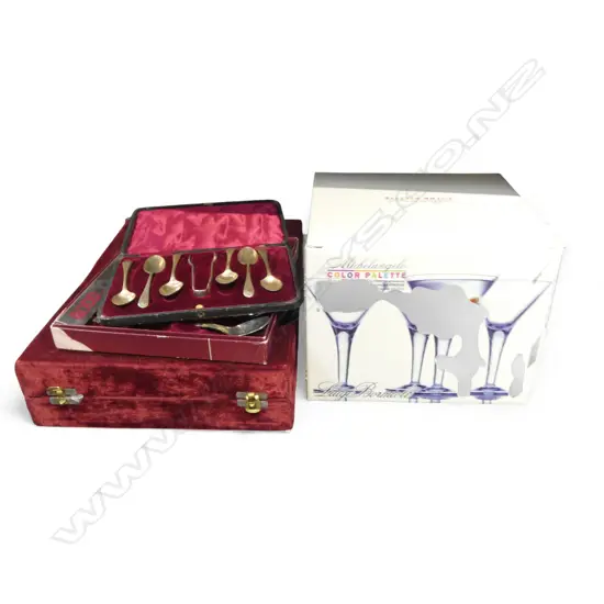 4 COCKTAIL GLASSES, 6 EP GOBLETS, 6 TEASPOONS & TONGS, 6 RODD SUNDAE SPOONS, ALL BOXED