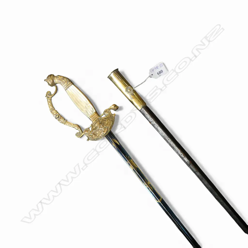 c.1900 FRENCH GILT BRASS & MOP COURT SWORD. Black leather scabbard. Fancy blued tri-form steel blade. L.990mm. Image 1++