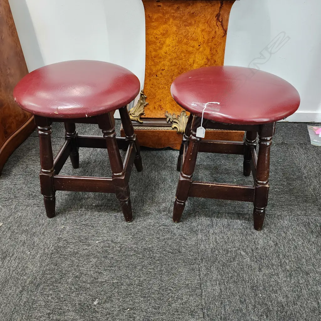 HEAVY PAIR OF VINTAGE WOODEN STOOLS – DARK WOOD WITH RED UPHOLSTERED SEATS  Image 1++