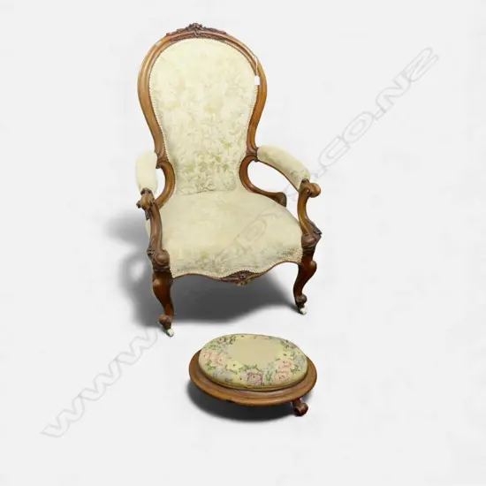 VICTORIAN GRANDFATHER CHAIR + NEEDLEWORK OVAL FOOT STOOL