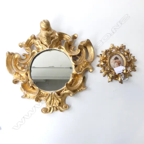 2 GILT WOOD FRAMES; HAND PAINTED PLAQUE 145x140mm (LOSS), MIRROR 310x310mm