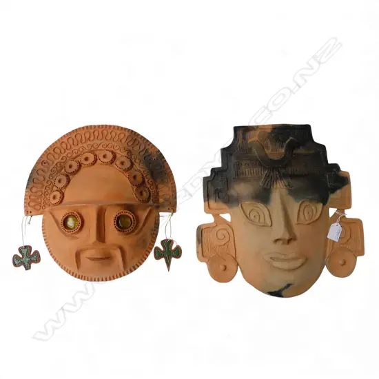 2 CONTEMPORARY CERAMIC MESOAMERICAN STYLE WALL MASKS H.360mm faults