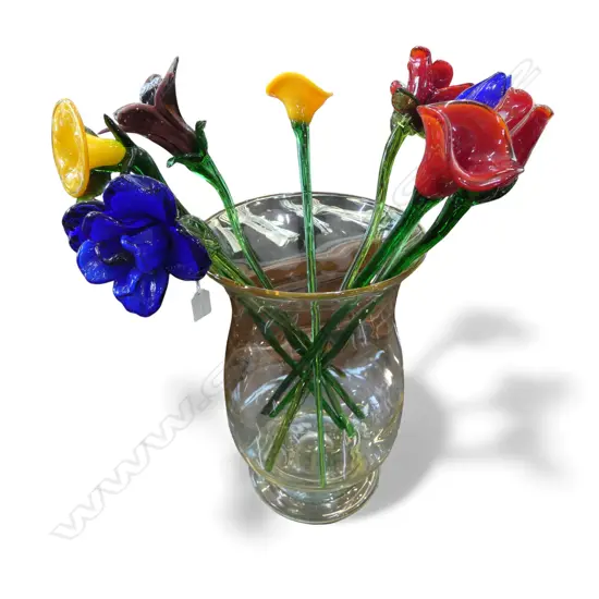 GLASS VASE H.360mm + 9 ART GLASS FLOWERS 