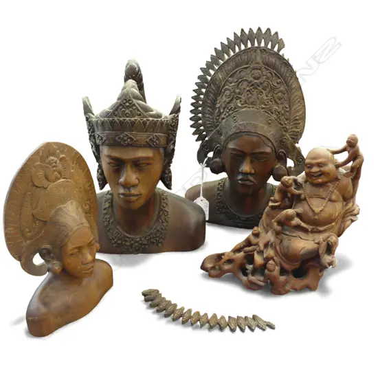 4 ORIENTAL WOODEN CARVINGS; 3 INDONESIAN BUSTS (PR + 1 H.290mm), BUDDHA 