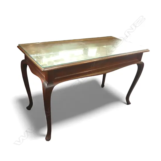 MAHOGANY DESK, GLASS TOP 1220x590x740mm