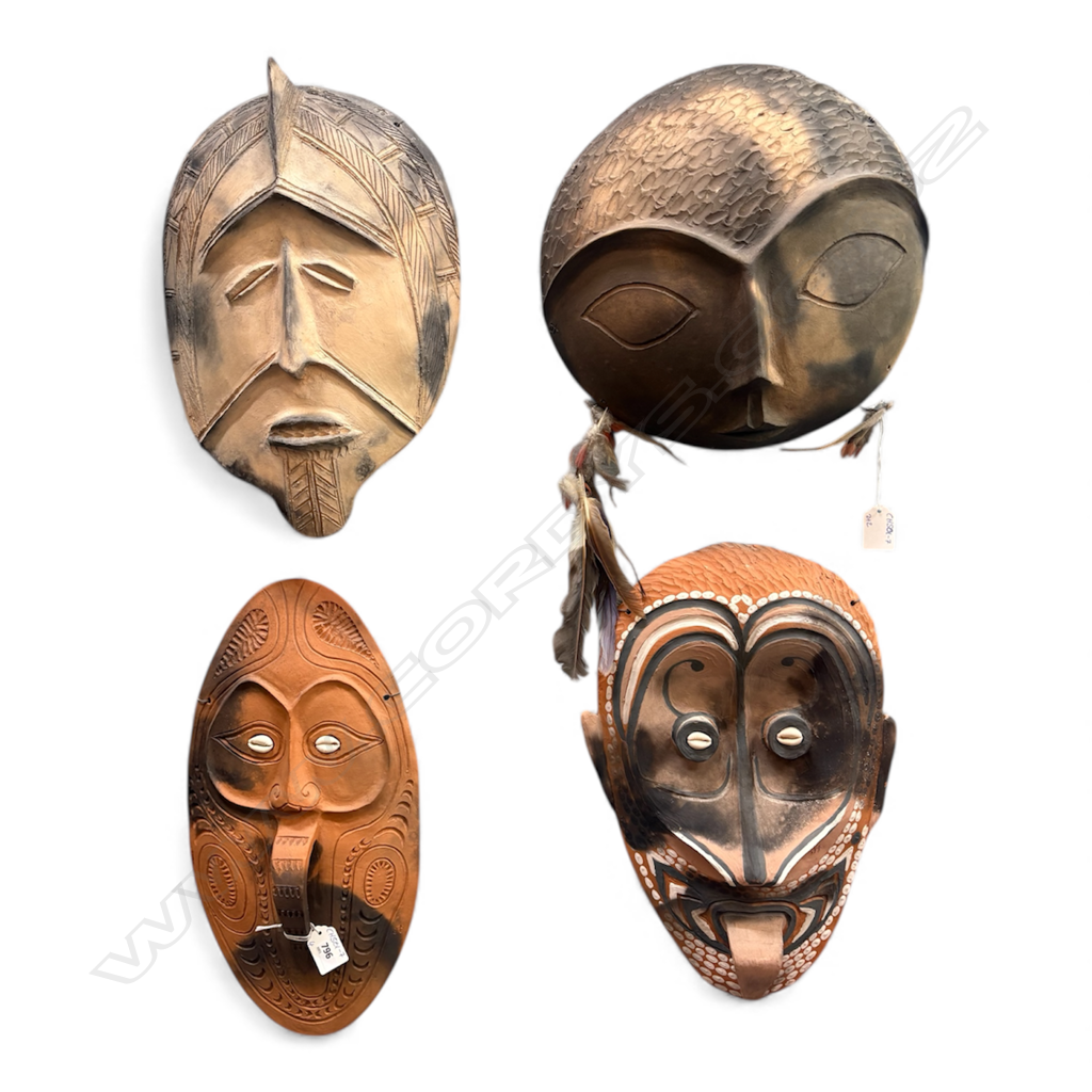 4 CONTEMPORARY CERAMIC WALL MASKS 2 Arican style & 2 PNG style H.390mm faults Image 1++