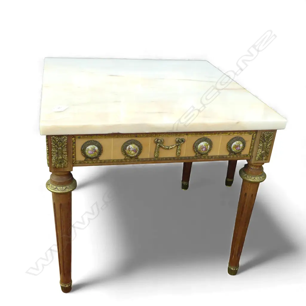 PR FRENCH STYLE MARBLE TOP SIDE TABLES ormolu mounts w. limoge panels 490x490x450mm Image 1++