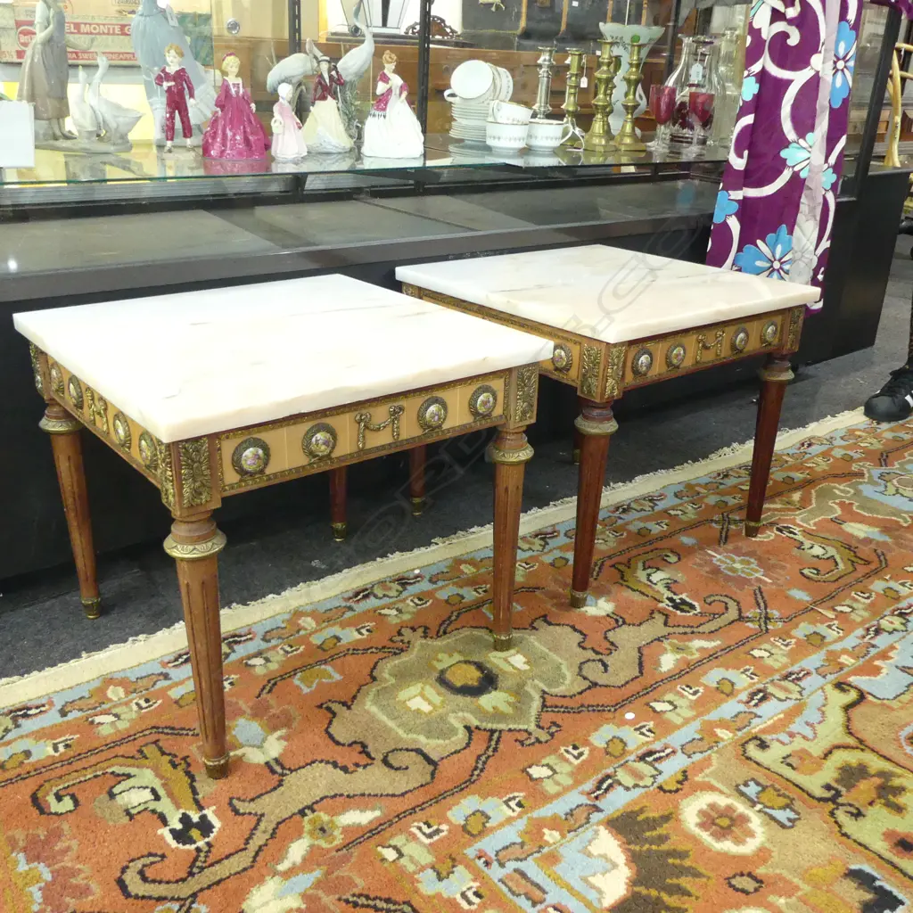PR FRENCH STYLE MARBLE TOP SIDE TABLES ormolu mounts w. limoge panels 490x490x450mm Image 1++