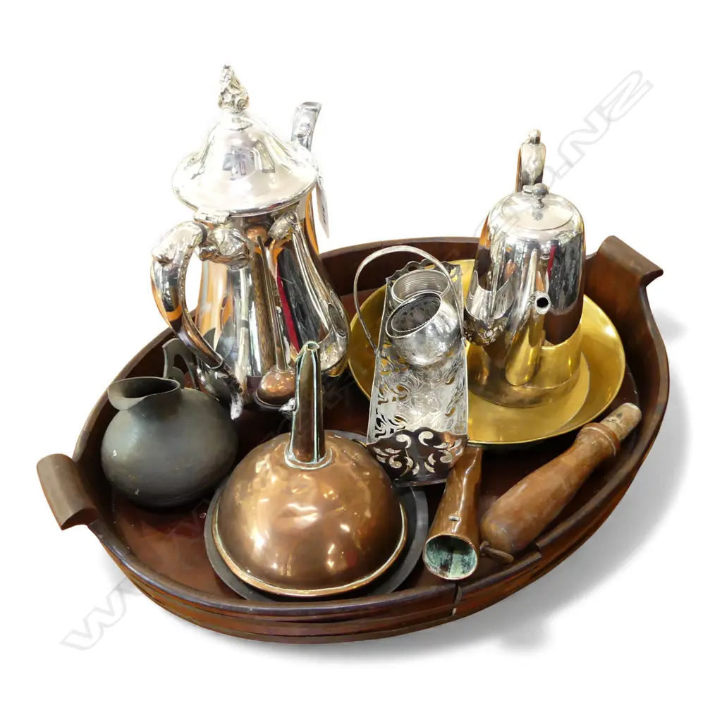 MAHOGANY OVAL TRAY AF W.490mm, ASST. EP, COPPER FUNNEL, BRASS PAN, PEWTER JUG Image 1++