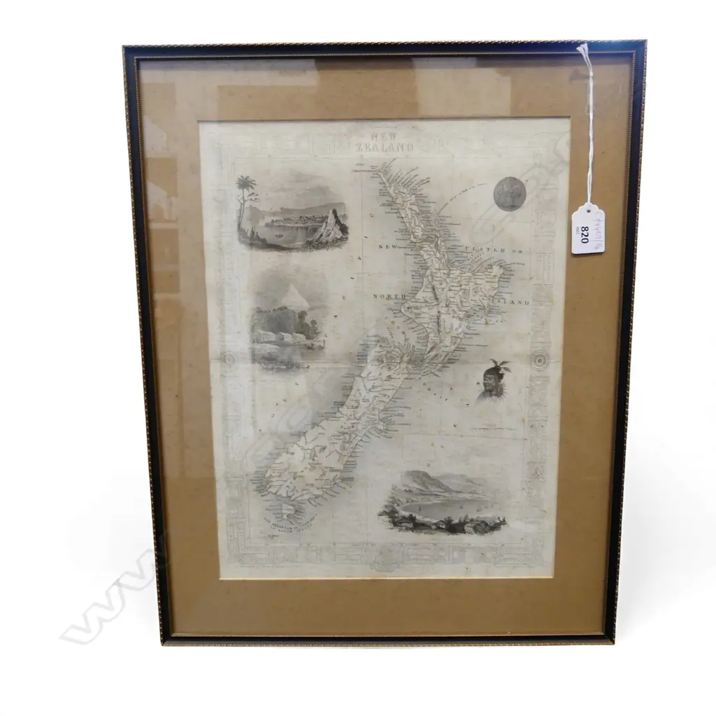 MAP OF NZ; JOHN TALLIS & CO. 1851 355x270mm FOXING ON BACK OF GLASS Image 1++