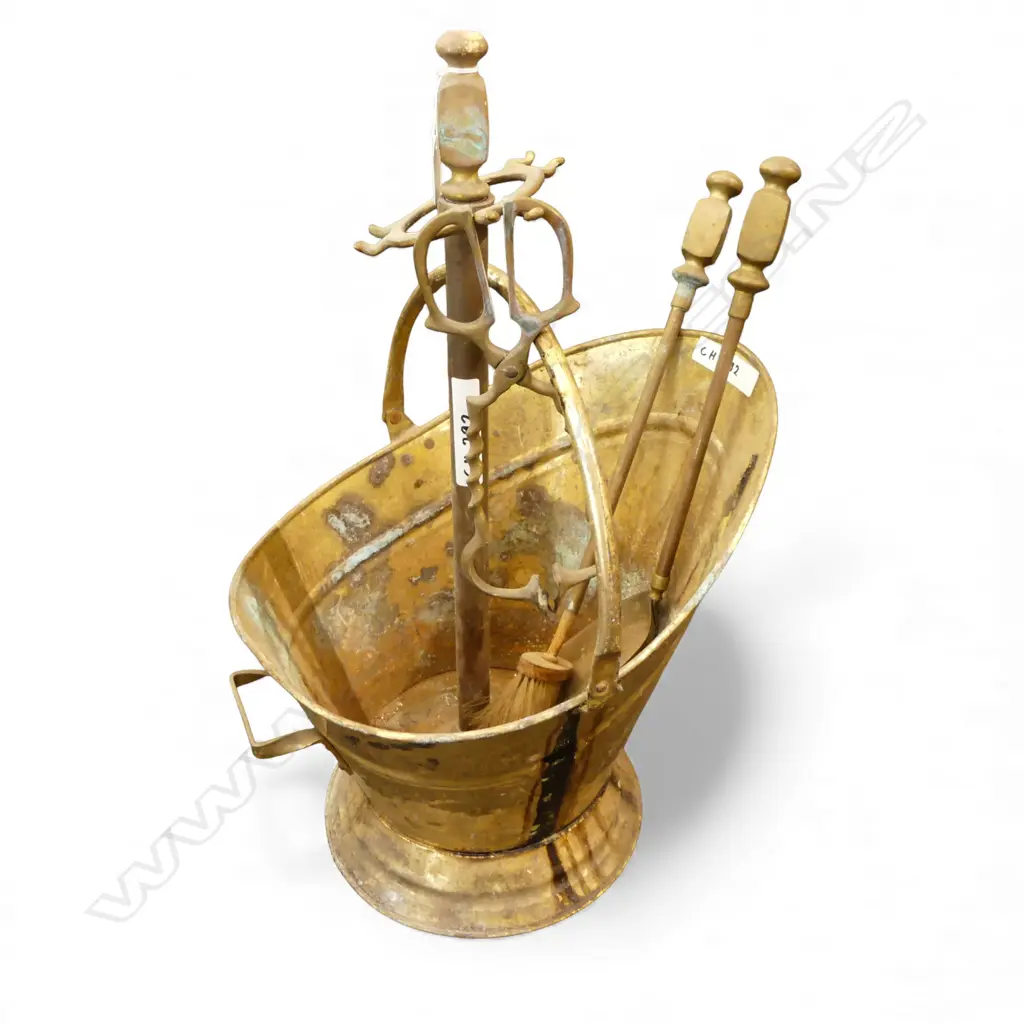 BRASS COAL BUCKET + STAND & 3 FIRE TOOLS H.550mm Image 1++