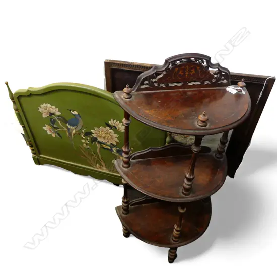 NEEDLEWORK FIRE SCREEN H.800mm, WOOD HAND PAINTED FIRE SCREEN + 3 TIER WHATNOT H.980mm FAULTS H.980mm