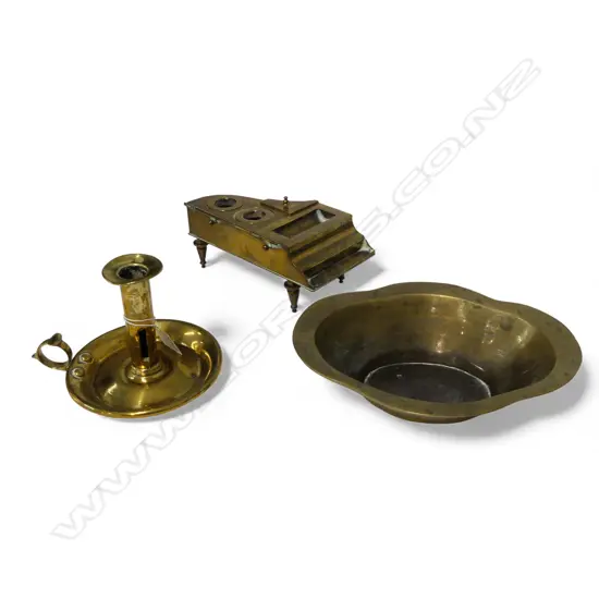 3 BRASS PCES; ORIENTAL BOWL W.210mm, CHAMBER STICK, GRAND PIANO INKWELL