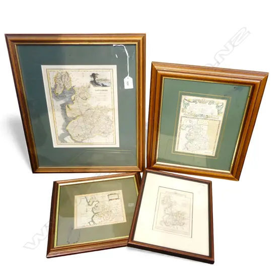 4 ANTIQUE HAND COLOURED ETCHINGS OF LANCASHIRE 260x205mm