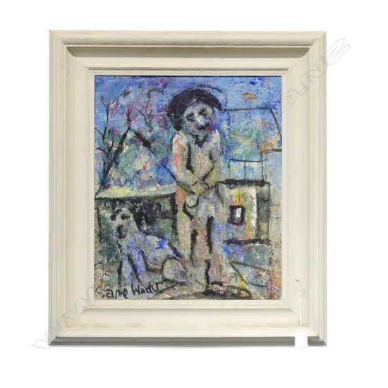 Sane Wadu (Kenya 1954-) 'The White Immigrant with his Dog, oil on canvas, signed. 450 x 380mm
