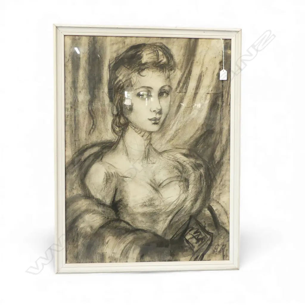 CHARCOAL PORTRAIT OF A WOMAN, INITIALLED G.R. 770x570mm Image 1++