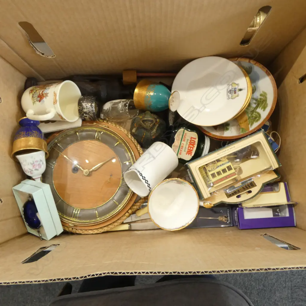 BOX OF ASST. VINTAGE COLLECTABLES; CHINA, NAUTICAL CLOCK, BOXED DIECAST MODELS, etc Image 1++