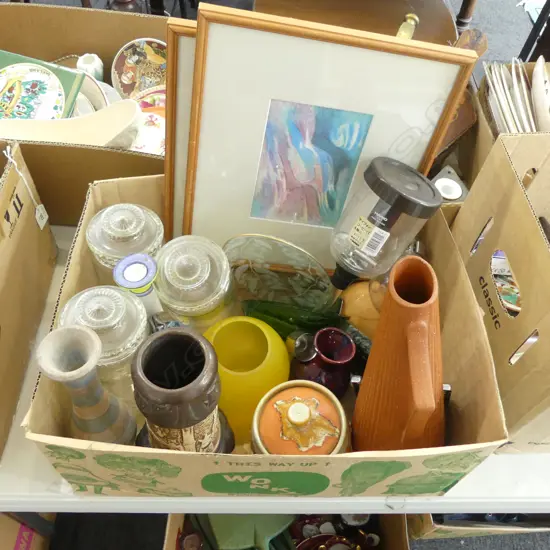 BOX OF ASST. CHINA, GLASS JARS, 2 PRINTS etc