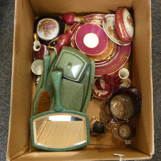 ASST. LIMOGES CHINA, BAKELITE VANITY SET, RUBY GLASS, etc