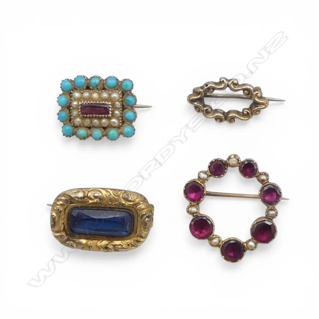 4 ANTIQUE BROOCHES; 2 testing as gold 8 to 12ct GOLD total 3.88gms + 1 part gold + the smallest plated Image 1++