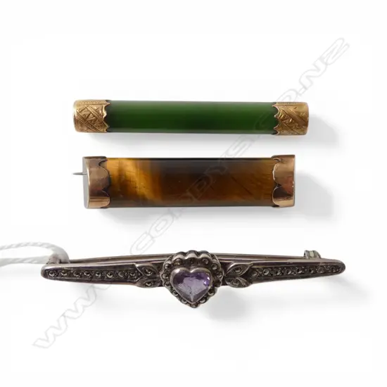 3 BAR BROOCHES, GREENSTONE, TIGERS EYE, AMETHYST & MARCASITE