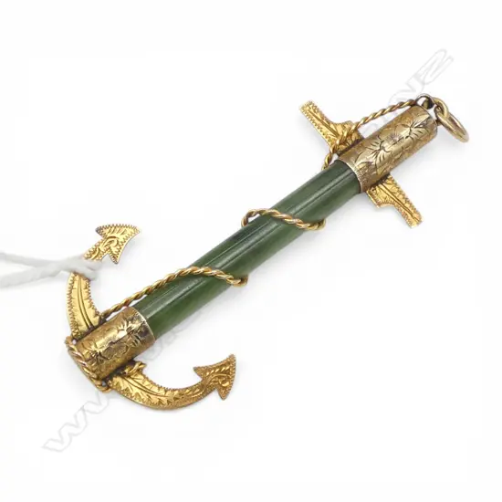 Late 19thC 9ct GOLD & POUNAMU ANCHOR BROOCH 5.51gms