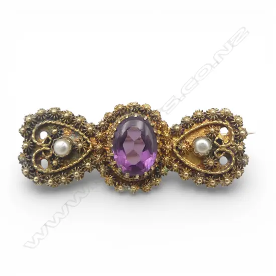 ANTIQUE testing 14ct GOLD, AMETHYST & SEED PEARL BROOCH 2.54gms