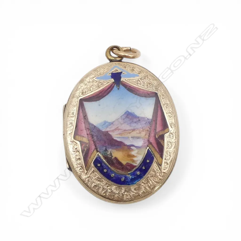 ANTIQUE enamelled mountain valley LOCKET gold front & back plated frame scratching to enamel. 8.24gm Image 1++