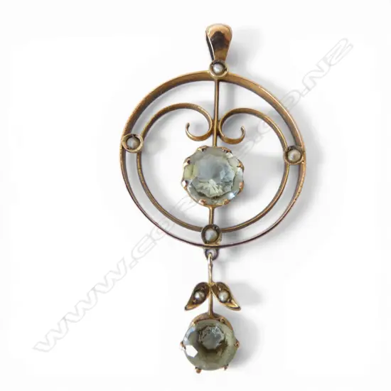 9ct GOLD EDWARDIAN PENDANT set w 2 glass aquamarine coloured stones & seed pearls 3.3gms