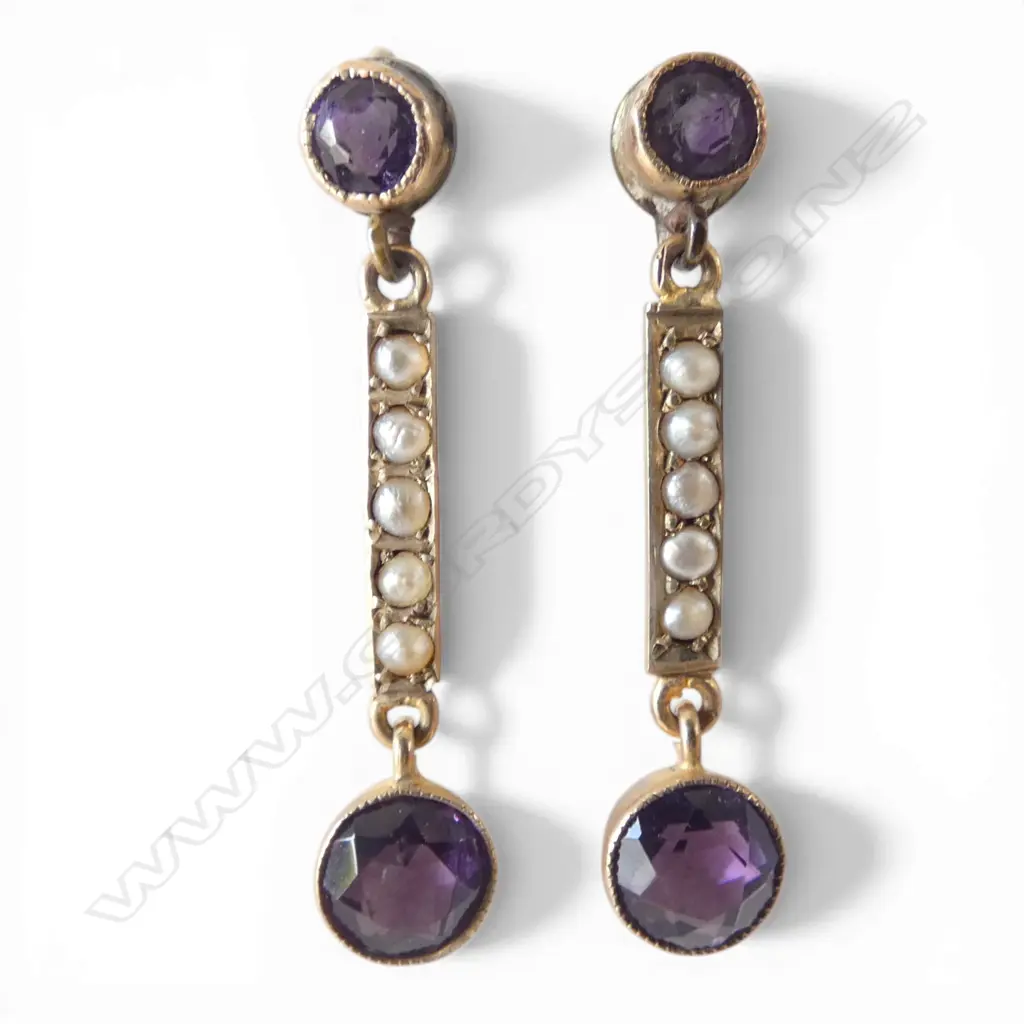 PR 9ct GOLD AMETHYST & SEED PEARL DROP EARRINGS small brass altered fittings 1.85gms Image 1++