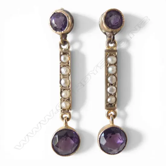 PR 9ct GOLD AMETHYST & SEED PEARL DROP EARRINGS small brass altered fittings 1.85gms