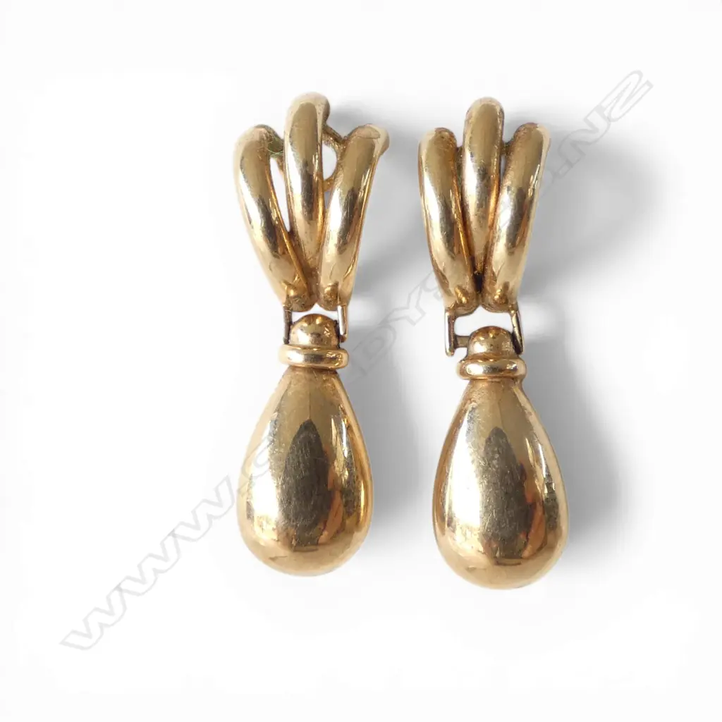 PR 9ct PENDANT DROP EARRINGS triple curved bar fittings 2.36gms Image 1++