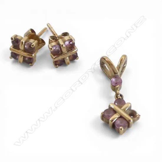 PR 9CT EARRINGS + PENDANT, 3gms ONE STONE MISSING