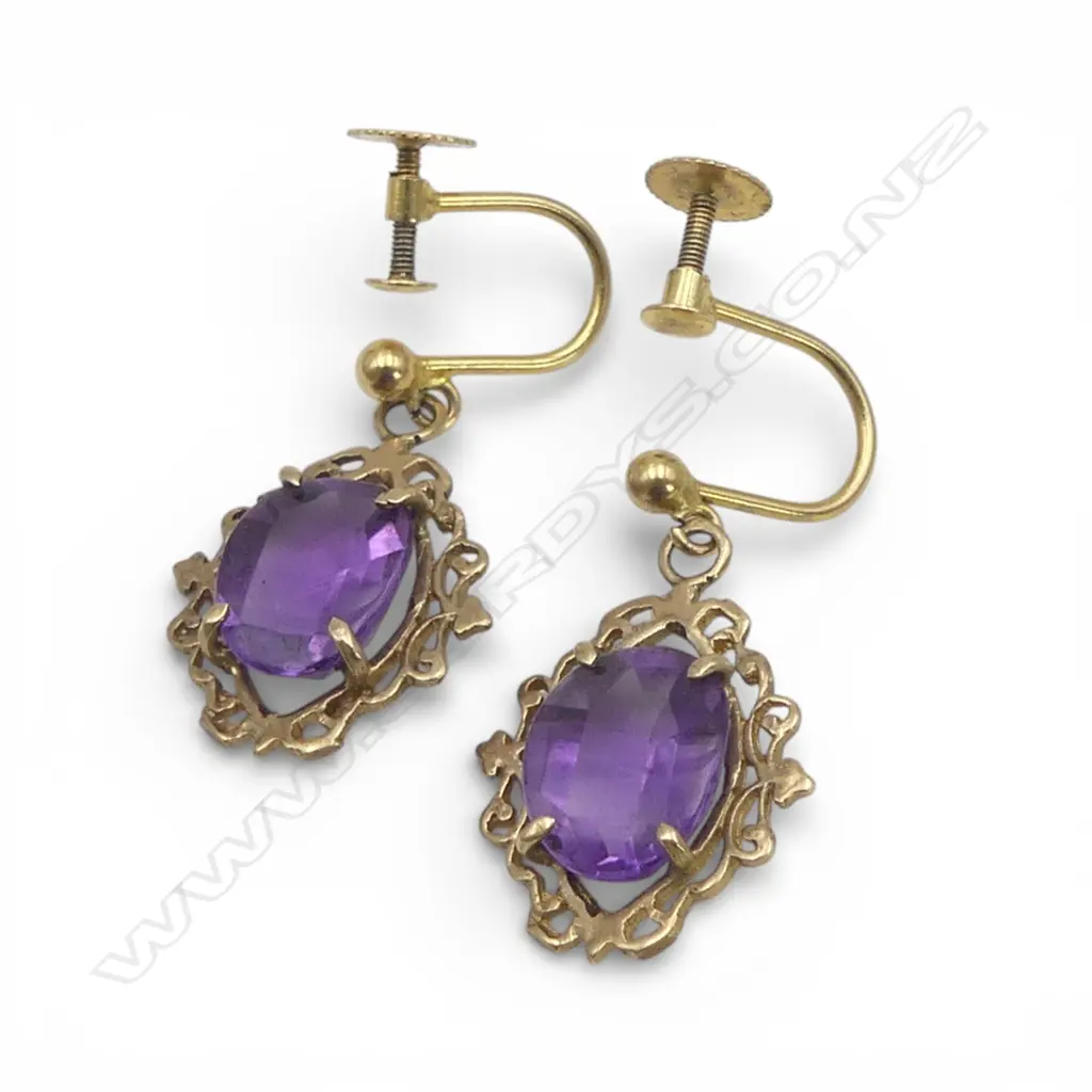 9ct AMETHYST EARRINGS, SCREW BACKS, 2.95gm Image 1++