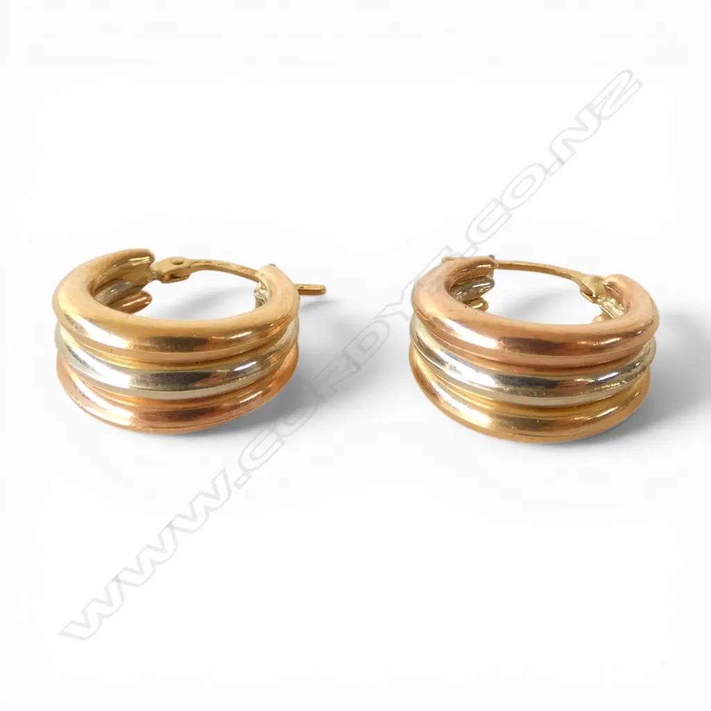 PR ROSE, WHT & YELLOW GOLD HOOP EARRINGS, 3.10gm Image 1++