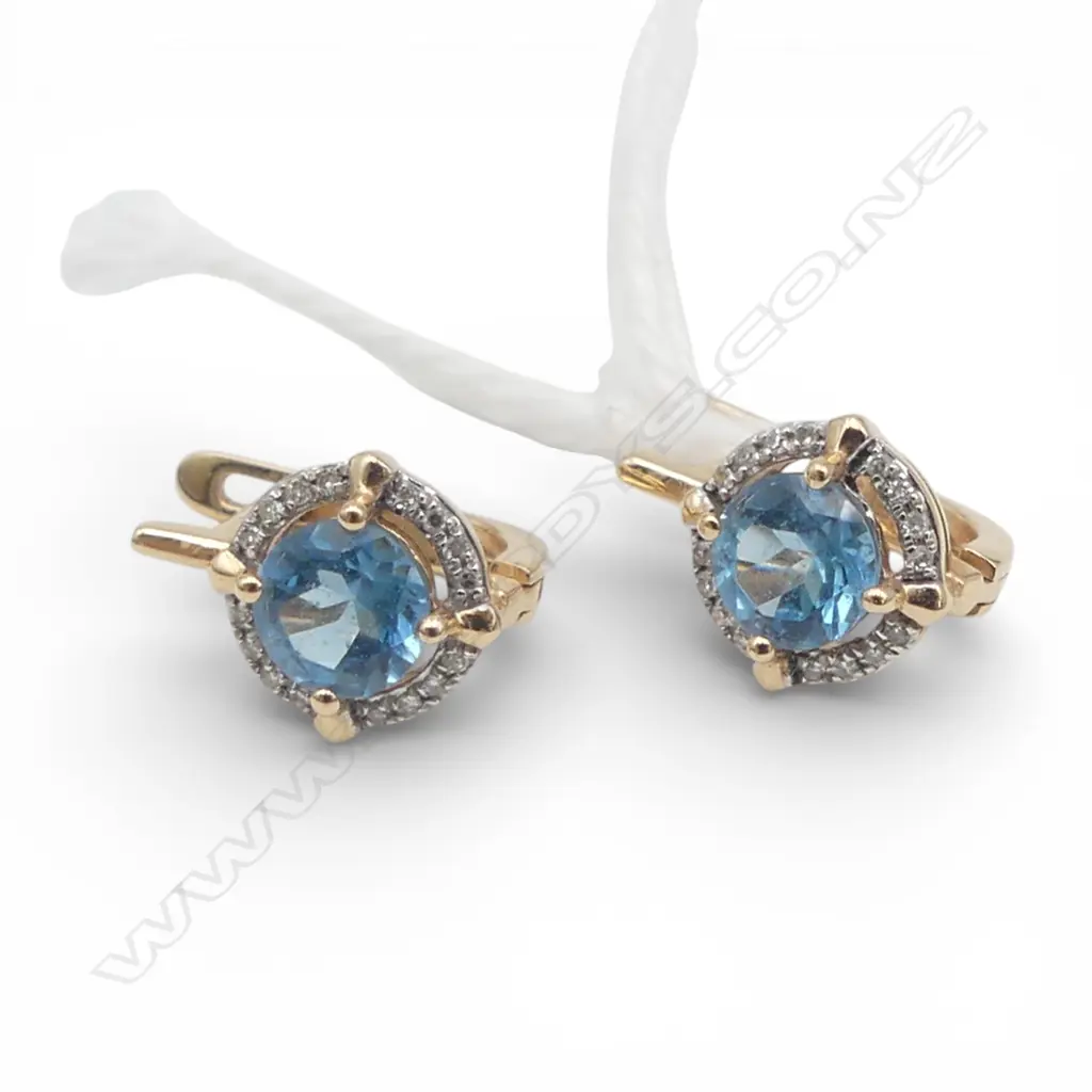 PR 14ct BLUE TOPAZ & DIAMOND EARRINGS, secure backs, 2.20gm Image 1++