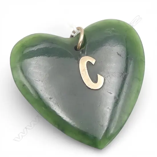 ANTIQUE POUNAMU HEART w 'C' embellishment to face, missing rear stop
