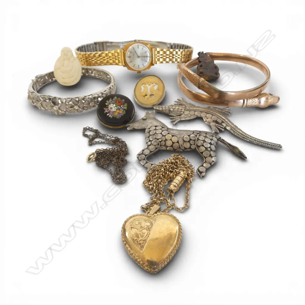 ASST. JEWELLERY: silver gilt snake bangle damaged + micro mosaic brooch + silver necklace + figured items etc Image 1++