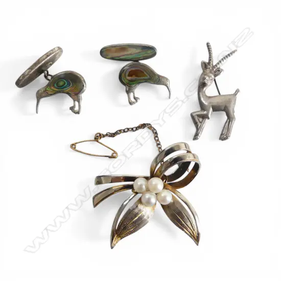 2 STG SILVER BROOCHES + STG SILVER & PAUA KIWI CUFF LINKS 
