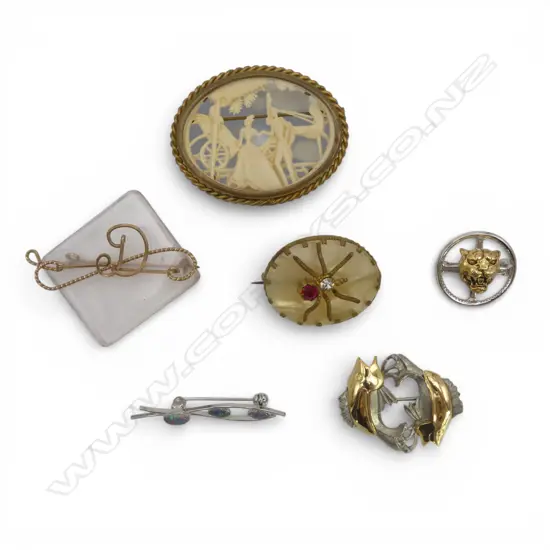 6 BROOCHES some stg silver Incl. DEPOSE FRANCE CELLULOID & GILT METAL BROOCH 