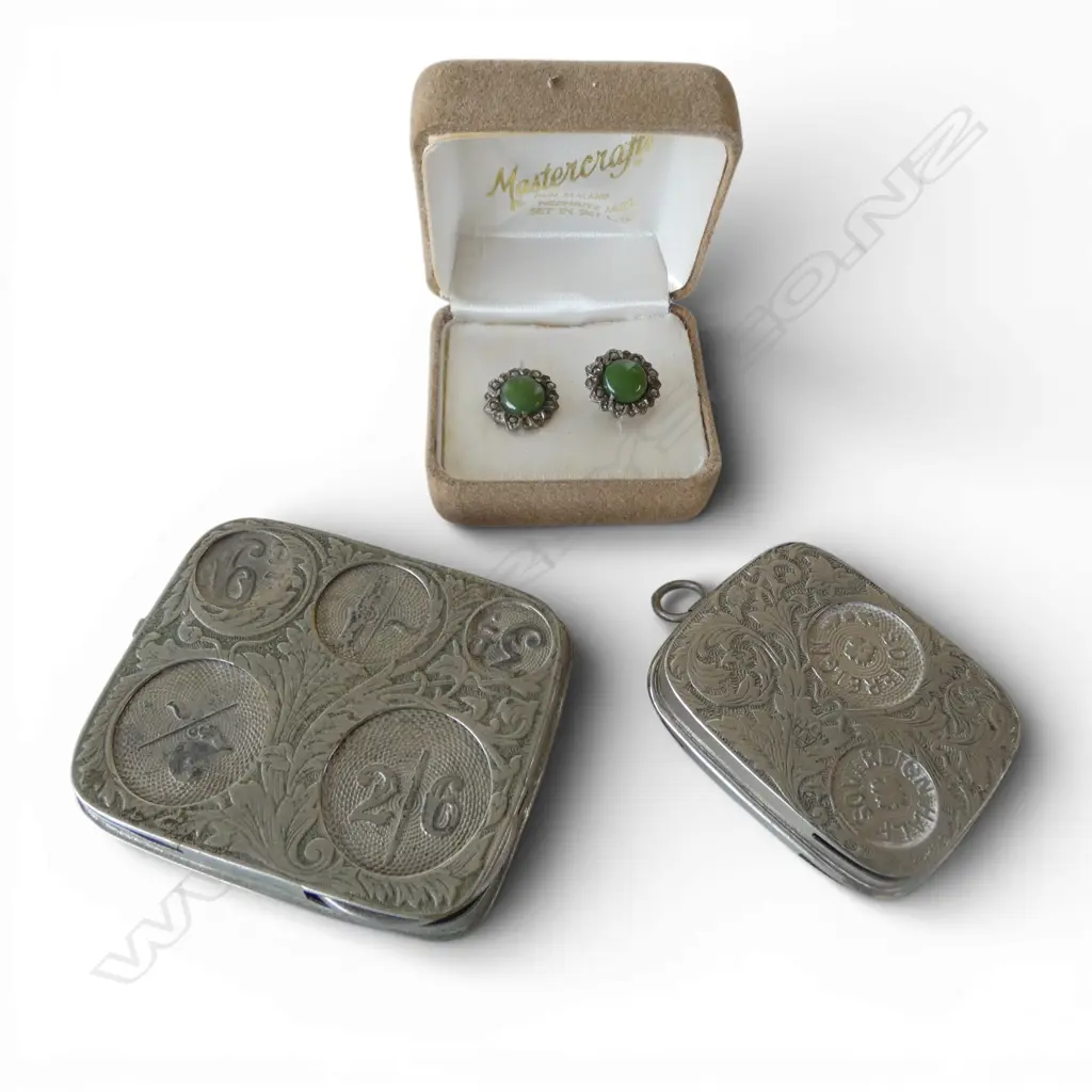 2 PRE-DECIMAL PLATED COIN HOLDERS + pr 'MASTERWORKS' boxed silver marcasite & pounamu stud EARRINGS Image 1++