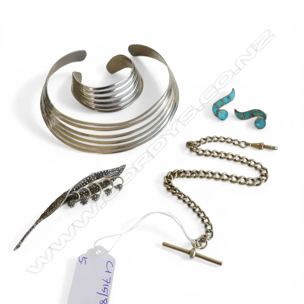 PR STG EARRINGS + BROOCH + SILVER PLATE FOB CHAIN, NECKLACE & BANGLE Image 1++
