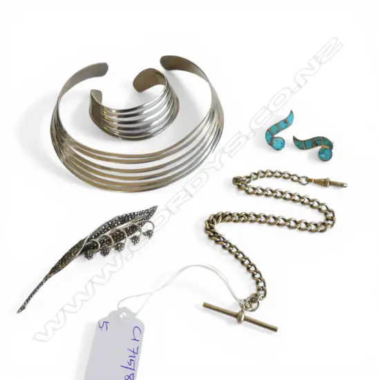 PR STG EARRINGS + BROOCH + SILVER PLATE FOB CHAIN, NECKLACE & BANGLE